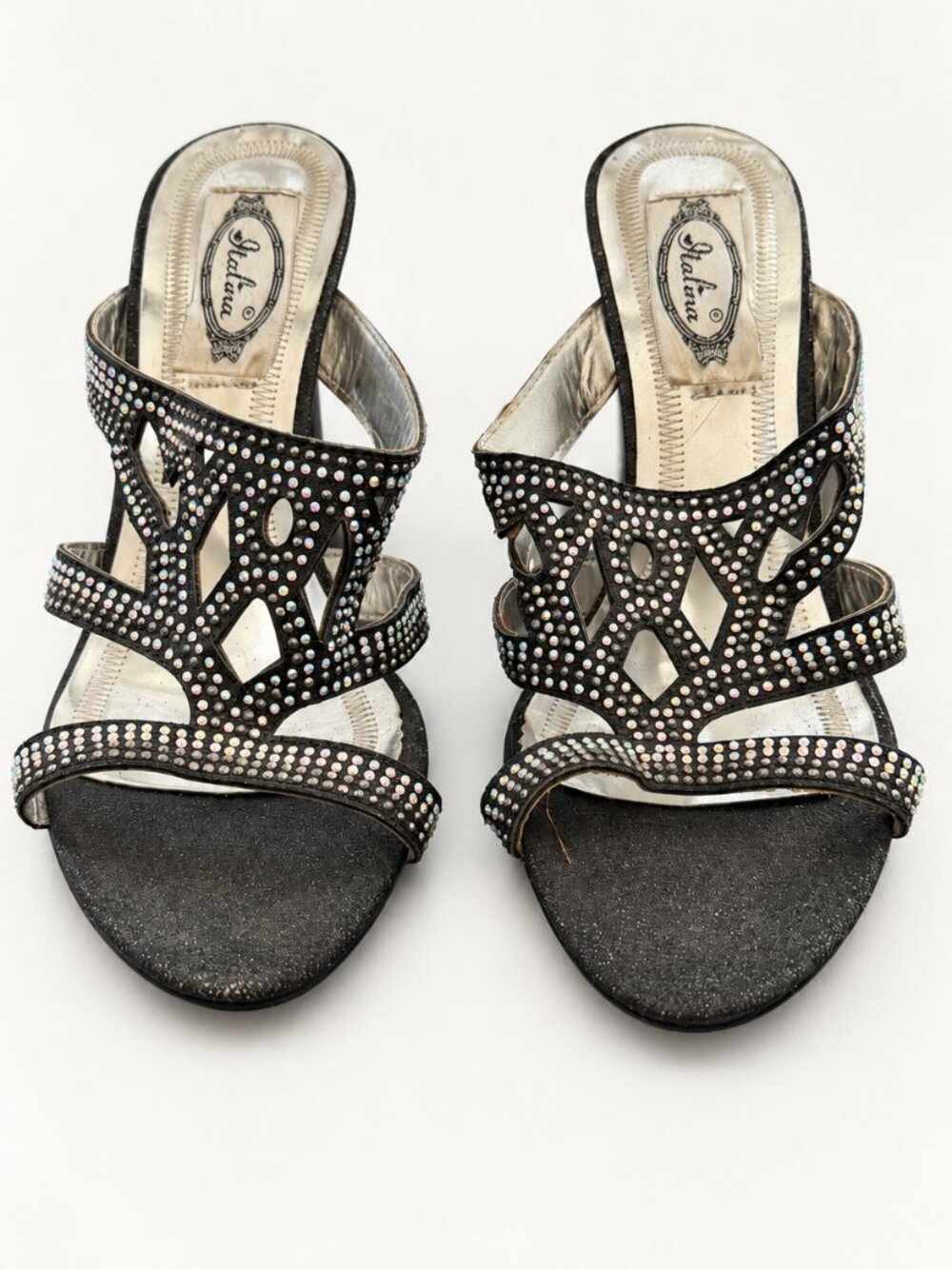 Italina Black Iridescent Rhinestone Cutout Block Heel Mules 7